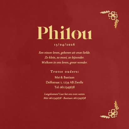 Geboortekaartje rood met gouden paard Chinees sterrenbeeld 3