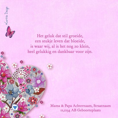 Geboortekaartje Roze Hart Bloem 2