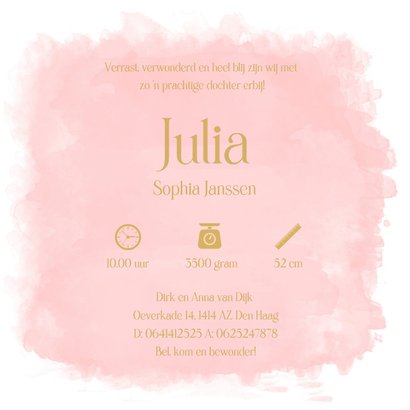 Geboortekaartje roze meisje watercolour hartjes 3