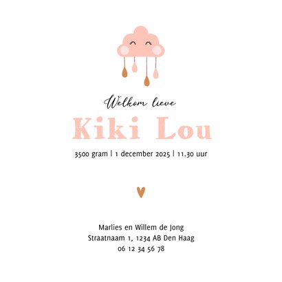 Geboortekaartje roze rotan wieg met hemeltje en wolkje 3