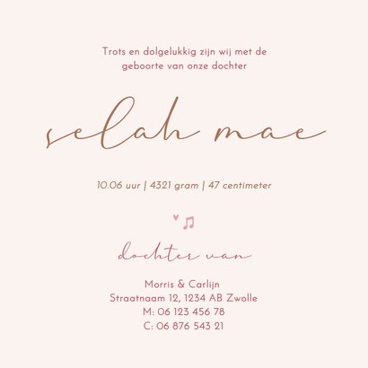 Geboortekaartje roze trommel stokjes muzieknootjes 3