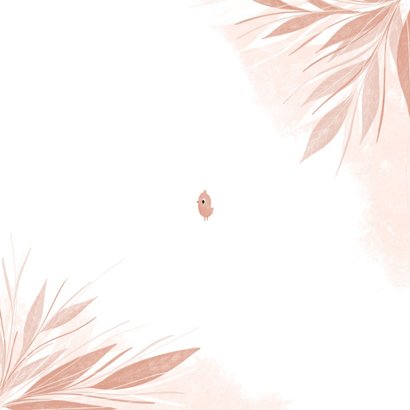 Geboortekaartje roze vogeltje met jungle blaadjes Achterkant