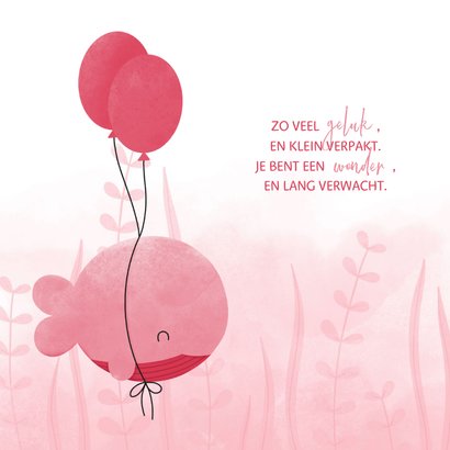 Geboortekaartje roze walvis met ballonnen en waterverf 2