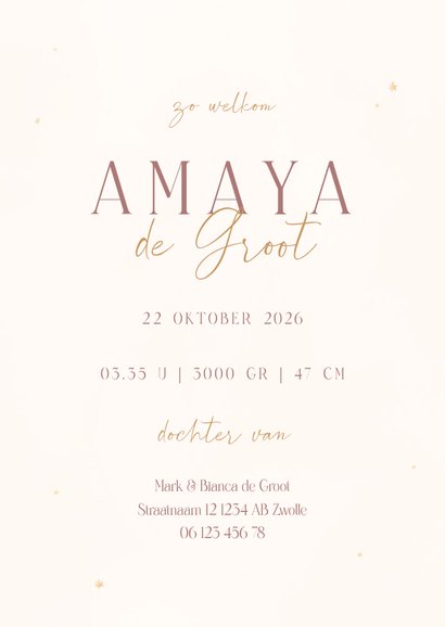 Geboortekaartje roze walvis met maan en foliedruk sterren 3