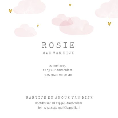 Geboortekaartje roze wolken hartjes goudlook 3