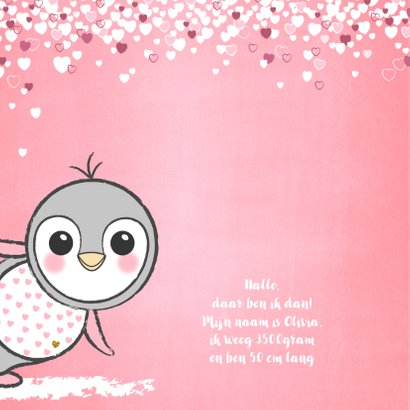 Geboortekaartje schattig roze kaartje met lieve baby pinguïn 2