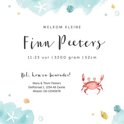 Geboortekaartje schildpad waterverf lief zeesterren krab 3