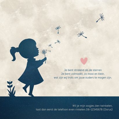 Geboortekaartje silhouet meisje met paardenbloem en maan 2