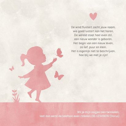 Geboortekaartje silhouet meisje met vlinders en maan 2