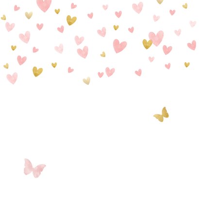 Geboortekaartje silhouet met vlinders waterverf roze en goud Achterkant