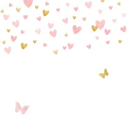 Geboortekaartje silhouet met vlinders waterverf roze en goud Achterkant