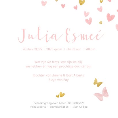 Geboortekaartje silhouet met vlinders waterverf roze en goud Achterkant