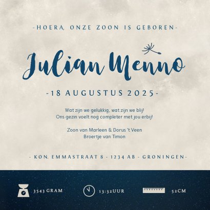 Geboortekaartje silhouet van jongen met paardebloem in maan 3