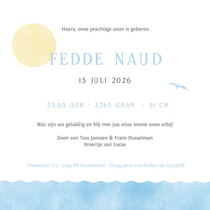 Geboortekaartje silhouet zus en broertje in zeilboot Achterkant