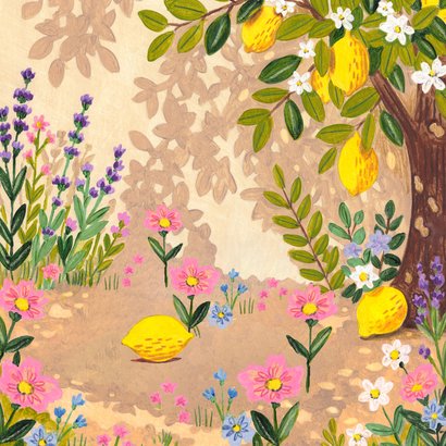 Geboortekaartje slapend vosje onder citroenboom meisje Achterkant
