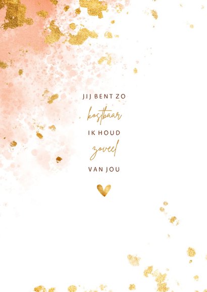 Geboortekaartje spetters goud met zalmroze waterverf 2