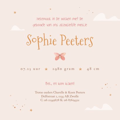 Geboortekaartje sprookje fee wolkjes sterren vlinders 3