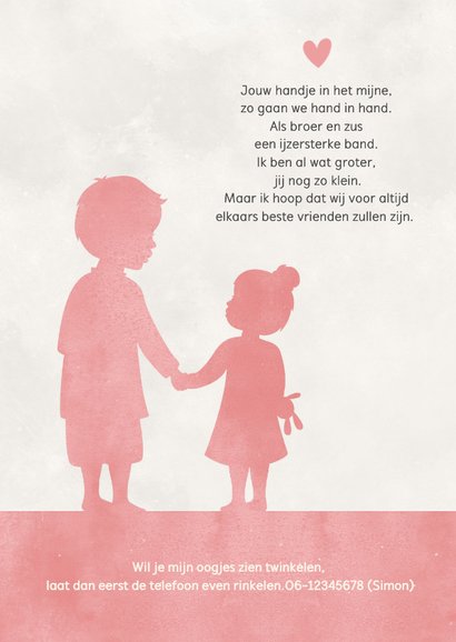 Geboortekaartje staand meisje met broer hand in hand 2
