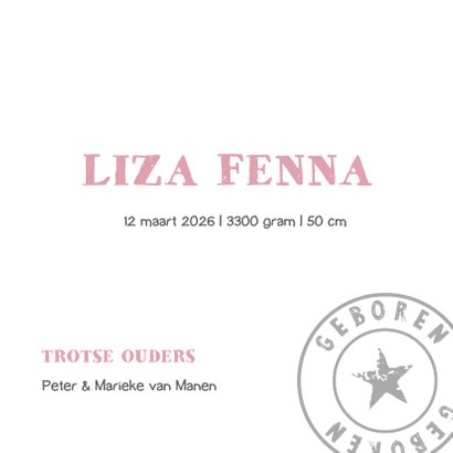 Geboortekaartje ster roze Liza 3