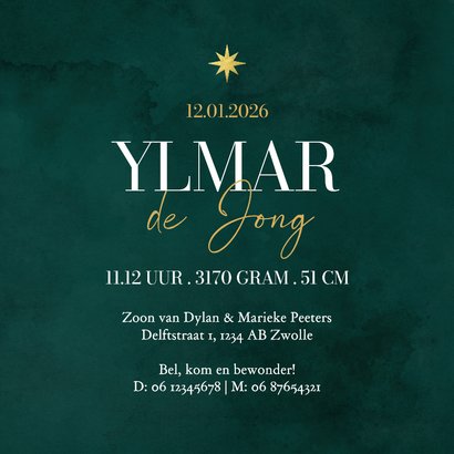 Geboortekaartje stijlvol waterverf ster winter goud groen Achterkant