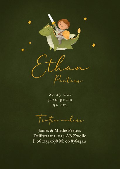 Geboortekaartje stoer ridder held draak sprookje 3