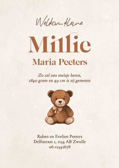 Geboortekaartje teddybeertje hartjes neutraal koper 3