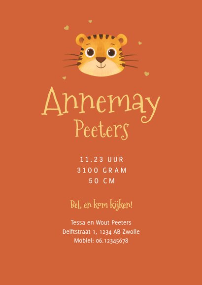 geboortekaartje tijger hartjes goud unisex lief jungle 3