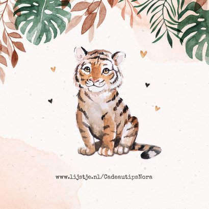 Geboortekaartje tijger jungle hartjes waterverf meisje 2