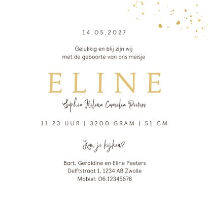 Geboortekaartje tijgertje hartjes goud unisex 3