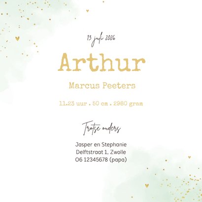 Geboortekaartje tijgertje waterverf groen goud hartjes 3