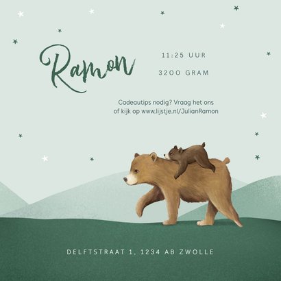 Geboortekaartje tweeling dieren beren familie sterren 3