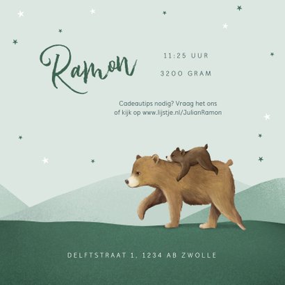Geboortekaartje tweeling dieren beren familie sterren 3