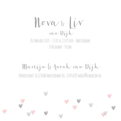 Geboortekaartje tweeling hartjes en foto roze 3