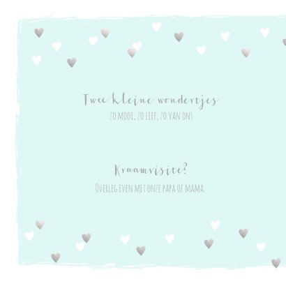 Geboortekaartje tweeling hartjes mint zilver 2