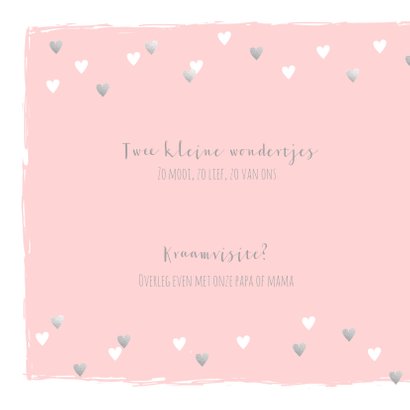 Geboortekaartje tweeling hartjes roze zilver 2