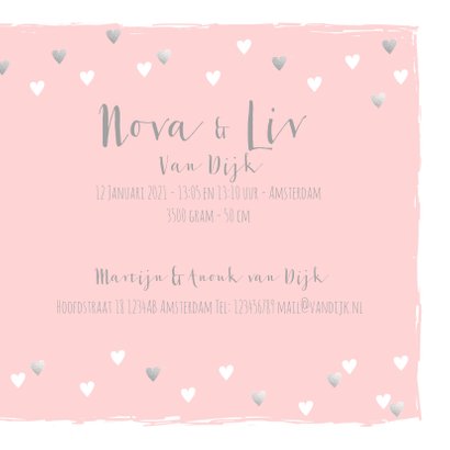 Geboortekaartje tweeling hartjes roze zilver 3