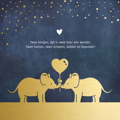 Geboortekaartje tweeling jongens twee gouden olifantjes  2