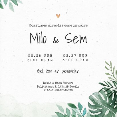 Geboortekaartje tweeling jungle tijger waterverf groen 3