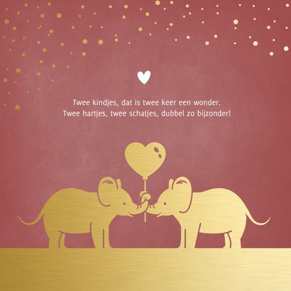 Geboortekaartje tweeling meisjes met 2 gouden olifantjes 2