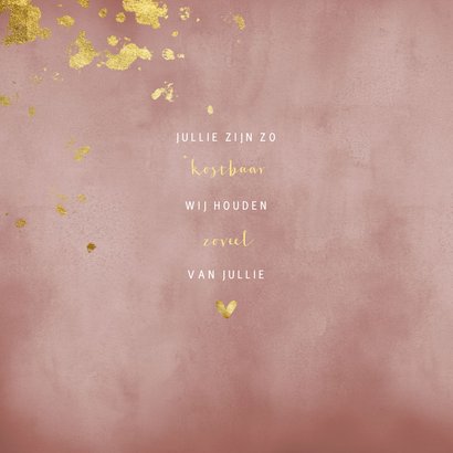 Geboortekaartje tweeling oudroze waterverf gouden spetters 2