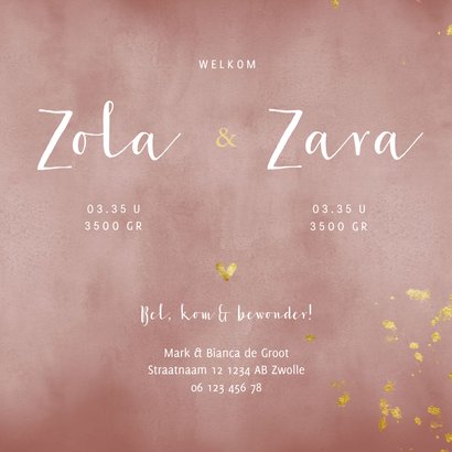 Geboortekaartje tweeling oudroze waterverf gouden spetters 3