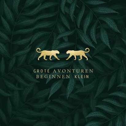 Geboortekaartje tweeling panters goud met jungle bladeren 2