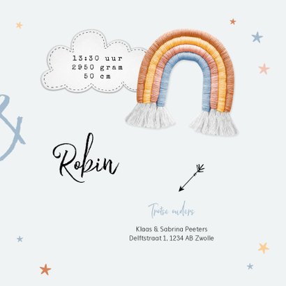 Geboortekaartje tweeling regenboog stof sterren wolken 3