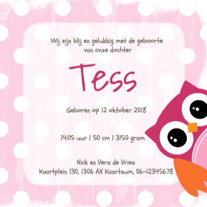 Geboortekaartje uil voor meisje - LOVZ 3