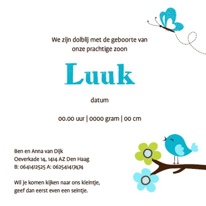 Geboortekaartje uiltje boom houtlook jongen 3