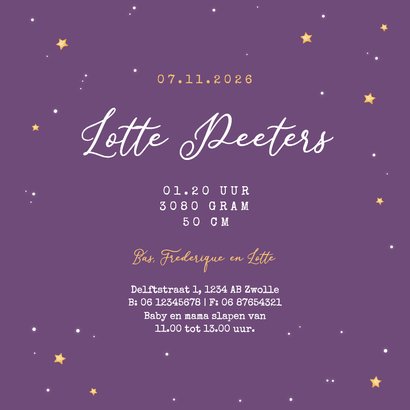 Geboortekaartje uiltje maan winter sterren schattig gezin Achterkant