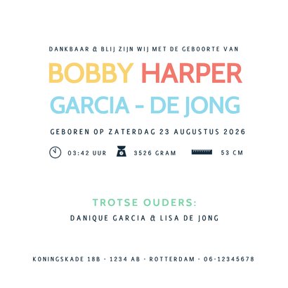 Geboortekaartje uniseks met gekleurde regenboog letters Achterkant