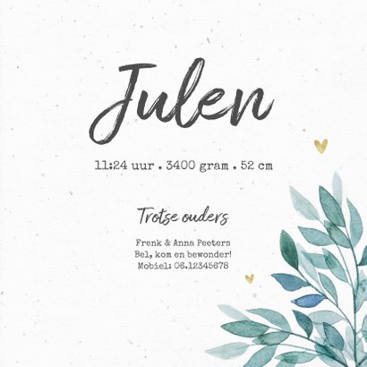 Geboortekaartje unisex bladeren hartjes goud foto 3