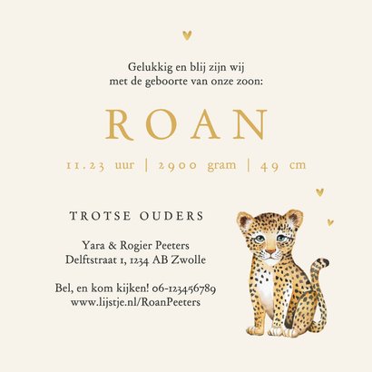 Geboortekaartje unisex luipaard waterverf dieren hartjes Achterkant