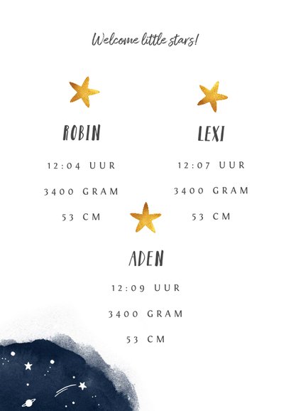 Geboortekaartje universum met sterren voor een meerling 3